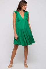 Green Satin Ruffle V-Neck Tiered Dress