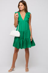 Green Satin Ruffle V-Neck Tiered Maternity Dress