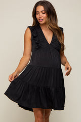 Black Satin Ruffle V-Neck Tiered Maternity Dress