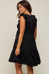 Black Satin Ruffle V-Neck Tiered Maternity Dress