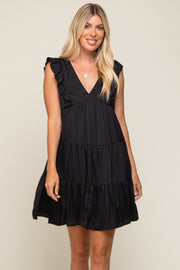 Black Satin Ruffle V-Neck Tiered Dress