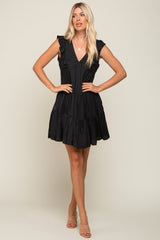 Black Satin Ruffle V-Neck Tiered Dress