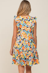 Orange Floral Ruffle Accent Tiered Maternity Dress