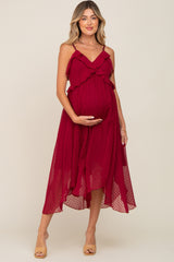 Burgundy Swiss Dot Handkerchief Maternity Midi Dress