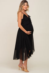 Black Swiss Dot Handkerchief Maternity Midi Dress