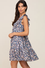 Blue Floral Ruffle Accent Tiered Dress