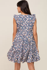 Blue Floral Ruffle Accent Tiered Dress