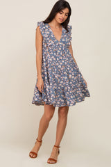 Blue Floral Ruffle Accent Tiered Dress