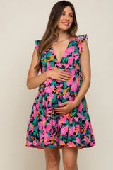 Black Floral V-Neck Ruffle Shoulder Tiered Maternity Dress