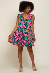 Black Floral V-Neck Ruffle Shoulder Tiered Dress