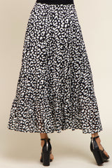 Black Animal Print Tiered Midi Skirt