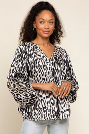 Black Animal Print Balloon Sleeve Top