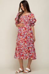 Red Floral Shimmer Chiffon Ruffle Square Neck Smocked Maternity Midi Dress