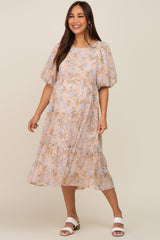 Beige Floral Chiffon Puff Short Sleeve Tiered Maternity Midi Dress