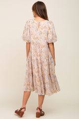 Beige Floral Chiffon Puff Short Sleeve Tiered Midi Dress