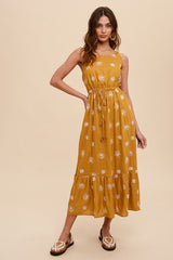 Mustard Tropical Embroidered Open Back Midi Dress