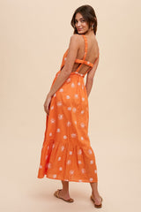 Orange Tropical Embroidered Open Back Midi Dress