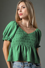 Green Textured Shirring Top