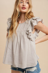 Grey Pintucked Eyelet Flutter Sleeve Blouse