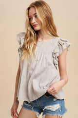 Grey Pintucked Eyelet Flutter Sleeve Blouse