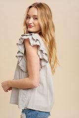 Grey Pintucked Eyelet Flutter Sleeve Blouse