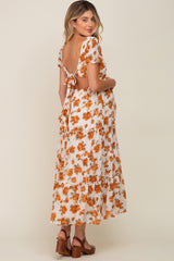 Camel Floral Chiffon Back Cut-Out Tiered Maternity Midi Dress