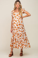 Camel Floral Chiffon Back Cut-Out Tiered Maternity Midi Dress