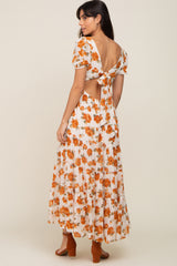 Camel Floral Chiffon Back Cut-Out Tiered Midi Dress