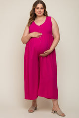 Magenta Button Front WIde Leg Maternity Plus Jumpsuit