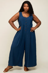 Navy Blue Button Front WIde Leg Plus Jumpsuit