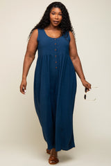 Navy Blue Button Front WIde Leg Plus Jumpsuit