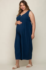 Navy Blue Button Front WIde Leg Maternity Plus Jumpsuit