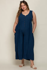 Navy Blue Button Front WIde Leg Maternity Plus Jumpsuit