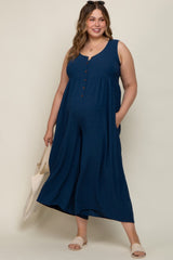 Navy Blue Button Front WIde Leg Maternity Plus Jumpsuit