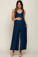 Navy Blue Button Front WIde Leg Maternity Jumpsuit