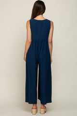 Navy Blue Button Front WIde Leg Maternity Jumpsuit