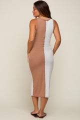 Camel Ribbed Colorblock Maternity Midi Dress