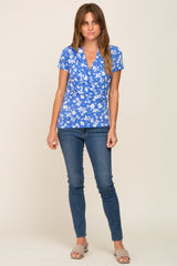 Blue Floral Wrap Draped Top