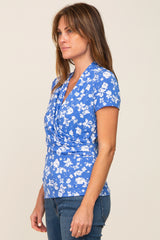 Blue Floral Wrap Draped Top