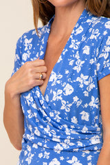 Blue Floral Wrap Draped Top