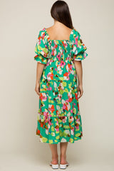 Green Floral Puff Sleeve Maternity Midi Dress