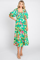 Green Floral Puff Sleeve Maternity Midi Dress