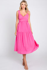 Fuchsia Wrap Front Accent Maternity Midi Dress