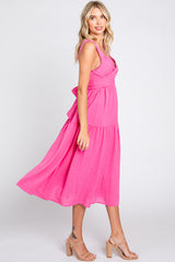 Fuchsia Wrap Front Accent Midi Dress