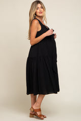 Black Wrap Front Accent Maternity Midi Dress