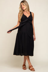 Black Wrap Front Accent Maternity Midi Dress