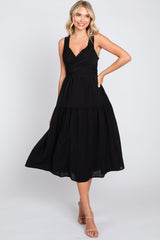 Black Wrap Front Accent Maternity Midi Dress