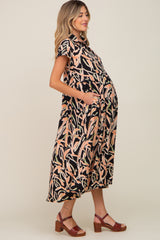 Black Printed Button Down Collared Tiered Maternity Midi Dress