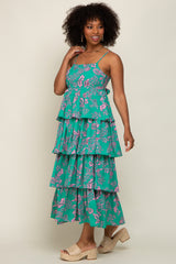 Green Floral Ruffle Tiered Maxi Dress