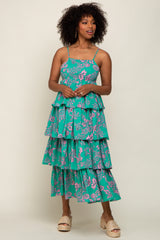 Green Floral Ruffle Tiered Maxi Dress